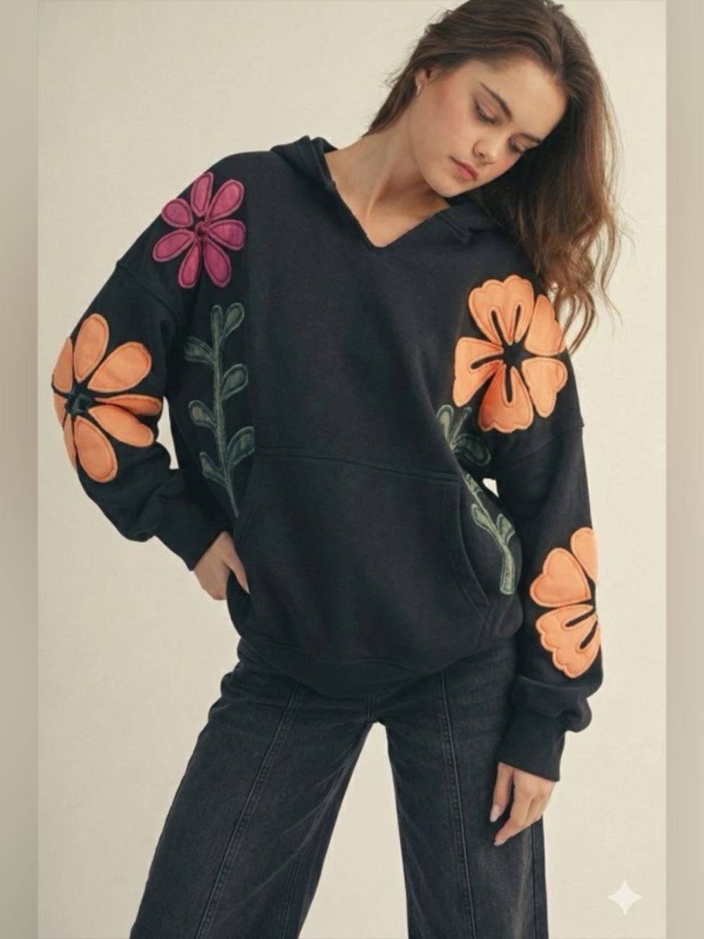 Black floral western bohemian boho embroidered Henley hoodie sweatshirt